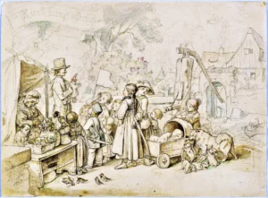 Richter, Adrian Ludwig (1803 - 1884) 1855 Puppenspieler - ,,Kunst bringt Gunst'', Stich, koloriert