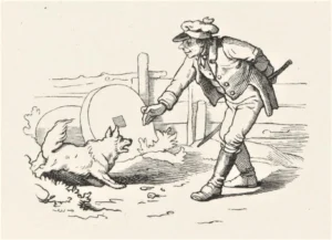 Richter, Adrian Ludwig (1803 - 1884) 1855 Schleicher beruhigt einen bellenden Hund, Illustration zu ,,Der Schleicher'', aus Spinnstube 1874, Erstdruck 1856
