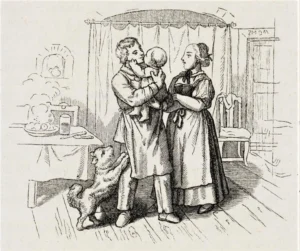 Richter, Adrian Ludwig (1803 - 1884) 1858 Veteran als Ehemann mit Kind – Illustration zu ,,Eine traurige Geschichte . . .t'', Spinnstube