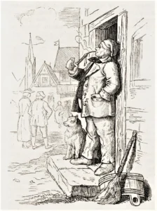 Richter, Adrian Ludwig (1803 - 1884) 1858 Windmüller mit der Pfeife vor der Haustür – Illustration zu ,,Wenn es dem Esel zu warm wird!'', Abschn III, aus Spinnstube