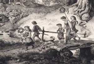 Richter, Adrian Ludwig (1803 - 1884) 1866 Brautzug im Frühling (gedruckt 1867), Ausschnitt
