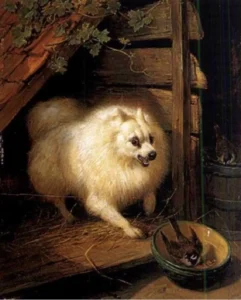 Ronner-Knip, Henriette (1821 – 1909) JJJJ Futterneid – Weisser Spitz verjagt Sperling vom Fressnapf