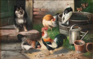 Schönian, Alfred (1856-1936) 1905 Federvieh im Hof, von einem Spitz beobachtet