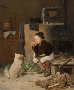 Sonderland, Fritz (1835 -1896) JJJJ Kitchen interior with boy and dog