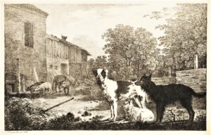 Wagenbauer-Max-Josef-1775-1829-1806-Dogge-Spitz-und-Hirtenhund-Schweine-am-Trog-vor-einem-Bauernhof