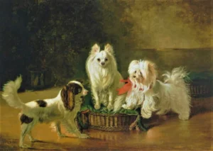 Wegener, Johann Friedrich Wilhelm (1812 – 1879) 1855 A toy spaniel, a Pomeranian and a Maltese terrier at a basket