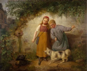 Zwecker, Johann Baptist (1814 -1876) JJJJ Zwei Kinder mit einem Spitz