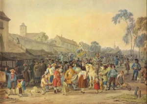 von Kobell, Wilhelm (1766 – 1853) 1798 Jahrmarkt, Aquarell, Museum Georg Schäfer, Schweinfurt