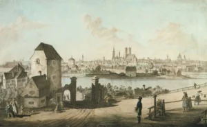 von Kobell, Wilhelm (1766 – 1853) JJJJ Stadtansicht Münchens vom Gasteig aus nach Canaletto