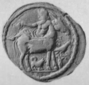 Bärtiger Dionysos, auf dem Rücken eines r. stehenden Esels ruhend, in der Rechten den Kantharos haltend. Unter dem Esel ein rechts stehender Spitz (Tetradrachmon)