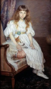 Breslau, Marie Louise Catherine (1856-1928) 1891 Das kleine Mädchen mit dem weißen Hund oder Portrait von Adeline Poznanska