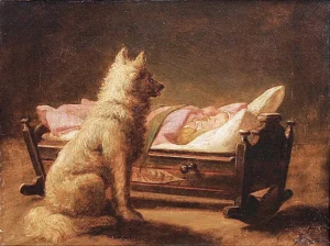 Deiker, Carl Friedrich (1836 - 1892) JJJJ Ein Hund bewacht ein schlafendes Kind in der Wiege
