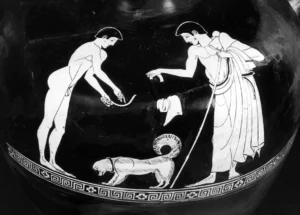Der kleine Hund hat seine Besitzer in das Gymnasium begleitet. Hydria aus Vulci, ca. 480 v. Chr. © Staatliche Museen zu Berlin – Preussischer Kulturbesitz. Foto: Johannes Laurentius. Antikensammlung der Staatlichen Museen zu Berlin, Inventarnummer F 2178, aus: Autengruber-Thüry, Heidelinde, Hunde in der römischen Antike. Rassen-Typen-Zucht-Haltung und Verwendung, Archäopress 2021