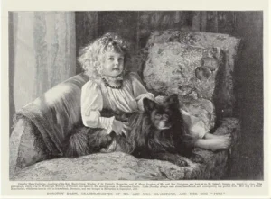 Dorothy Drew, Enkelin von Mr. und Mrs. Gladstone, und ihr Hund ,,Petz''
Illustration für The Graphic, 14 December 1895