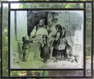 Fensterbild (Bleiverglasung) - Glasmalerei, Reproduktion eines Motivs aus dem Deutschen Brotmuseum, mit Rahmen