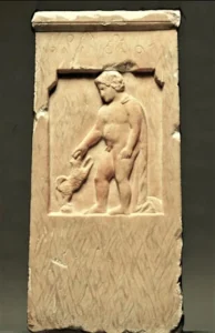 Grabstele des Moschion mit seinem Hund, Griechenland (Attika), ca. 375 v. Chr., Standort nicht bekannt