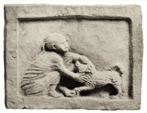 Grabstele mit einem Kind, das einen ,,unfügsamen‘‘ Malteserspitz umarmen will., Ägypten, Römerzeit; lt. M. Morgensen (Die Ägyptische Sammlung, Kopenhagen, 1930, Taf. 119, Nr. A782; S. 110a), © The NY Carlsberg Glyptothèque, Ägyptische Sammlung