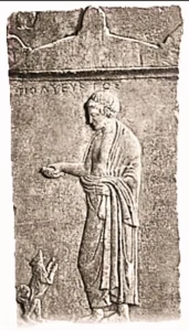 Grabstele von Polyeuktos, der mit seinem Hund spielt. Athen, ca. 410–400 v. Chr., Standort nicht bekannt