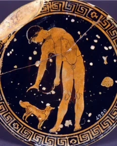 Hund mit dichtem Fell mit  jungem Athleten, Fragment einer Kylix, ca. 460 - 450 v. Chr., Museo Archeologico Nazionale di Firenze (Direzione regionale Musei della Toscana), © Ufficio Fotografico, aus: Autengruber-Thüry, Heidelinde, Hunde in der römischen Antike. Rassen-Typen-Zucht-Haltung und Verwendung, Archäopress 2021