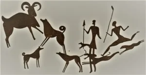 Jagdszene mit Hunden Jungsteinzeitliche Felsmalerei aus Nordspanien, genaues Alter und Herkunft unbekannt. Möglicherweise bei Altamirara?/Eralla?
