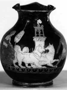 Kleines Mädchen auf einer von zwei Hunden gezogenen Bige, wird dabei von der hinter ihm gehenden Person gehalten, rotfigurige Oinochoe aus Attika, um 400 v. Chr., © Museum of Fine Arts, Boston, aus: Autengruber-Thüry, Heidelinde, Hunde in der römischen Antike. Rassen-Typen-Zucht-Haltung und Verwendung, Archäopress 2021