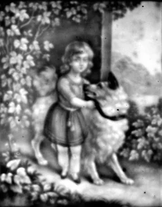 Lithophanie (Plaue und auch Carl Heyroth Porzellanmalerei) 1844 - 1850 ,,Kind steht mit großem Hund an der Seite''