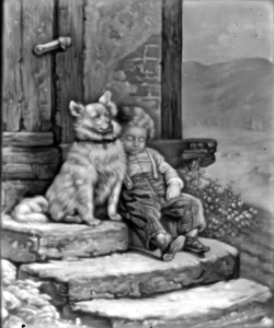 Lithophanie (Porzellanmalerei Heyroth) ,,Der bewachte Schlaf'' nach dem Gemälde ,,On the Watch - A Boy with His Dog'' von Jules Leonard (1827 - 1897) 