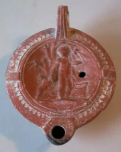 Öllampe mit Jüngling und Hund, röm. Reich, Anfang 1. Jh., Bayerisches Nationalmuseum