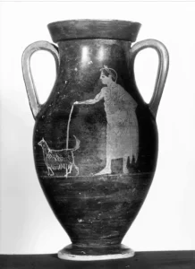Rotfigurige sog. Berliner Amphora aus Vulci, ca. Mitte 5. Jh. v. Chr. (verschollen) - eins von wahrsch. nur zwei existierenden Fotos, © Archiv der Antikensammlung, Staatliche Museen zu Berlin – Preussischer Kulturbesitz, aus: Autengruber-Thüry, Heidelinde, Hunde in der römischen Antike. Rassen-Typen-Zucht-Haltung und Verwendung, Archäopress 2021