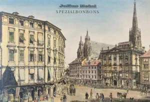 Werbung für Julius Meinl Spezialbonbons - Stock-im-Eisen-Platz, mit dem Stephansdom im Hintergrund, vom Künstler graviert, 1779, Kutschenmuseum Wien