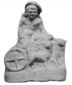 Zwei große Melitäer ziehen ein Kind mit Haube,Tarent, 175-100 v. Chr. (nach D. Graepler, op. O., S. 228, Abb. 262), aus: Autengruber-Thüry, Heidelinde, Hunde in der römischen Antike. Rassen-Typen-Zucht-Haltung und Verwendung, Archäopress 2021