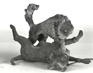Sich raufende Spitze (2. Hälfte des 18. Jh.)
Zwei raufende Hunde (Bulldogge und Spitz, an Metallkette), Neapel, Bayerisches Nationalmuseum