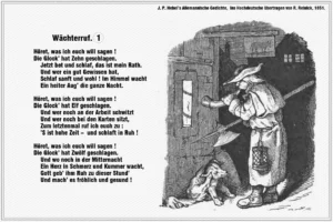 Wächterruf
aus: Johann Peter Hebel's Allemannische Gedichte,
ins Hochdeutsche übertragen von R. Reinick, 1851