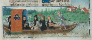 Darstellung einer Bootsfahrt von Mönchen und Musikern des Klosters Salem auf dem Bodensee (Salemer Abtsbrevier, 1494/1495, Signatur: Universitätsbibliothek Heidelberg, Cod. Sal. IXd, Fol. 152r [Quelle: Bibliotheca Salemitana digital]