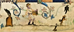 Ein spitzähnlicher Hund vertreibt saaträuberische Krähen. Quelle: Luttrell-Psalter, England um 1330-1340