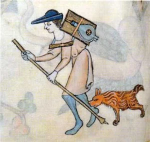 Ein Wachhund beißt einen Dieb ins Bein. Quelle: Luttrell-Psalter, London, British Library, Add. Ms. 42130, fol. 70v. England um 1330-1340 g