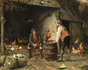 Col, Jan David (1822 – 1900) und Eugène Rémy Maes (1849 – 1931) Hundedressur vor einem Hühnerstall