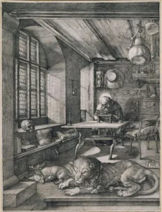 Albrecht Dürer (1471 - 1528), Hieronymus im Gehäus,1514, Kupferstich auf Büttenpapier